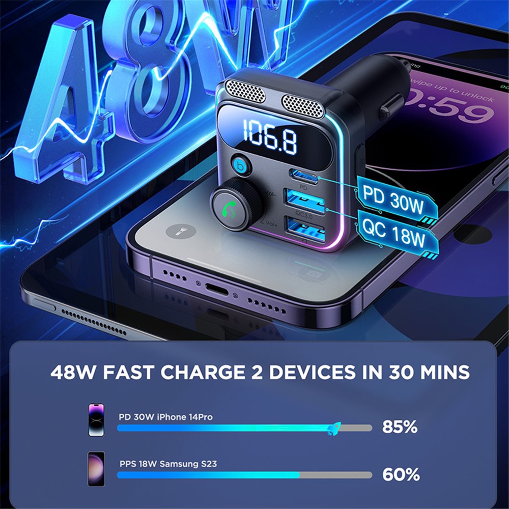 JOYROOM JR-CCB01 Dual Microphone Bluetooth-compatible Hands-free Call Music Player 48W Car Fast Charger FM Transmitter