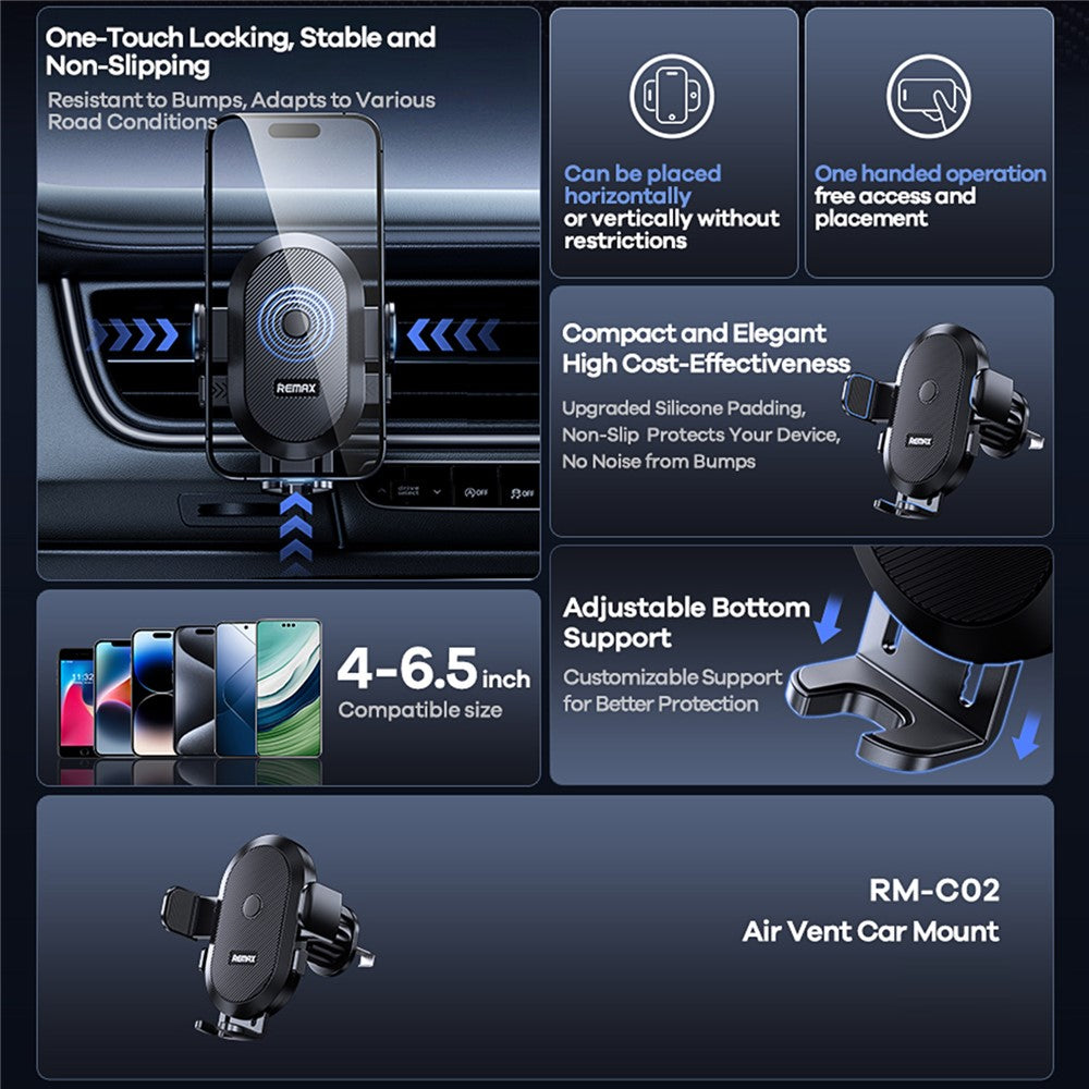 REMAX RM-C02 Air Vent Car Mount Phone Holder 360-Degree Rotation Anti-Slip Compatible with 4-6.5 Inch Phones
