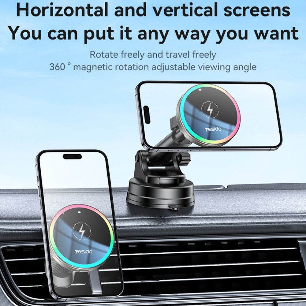 YESIDO C315 Car Wireless Charger – Suction Cup Mount, RGB Light, Cooling Fan