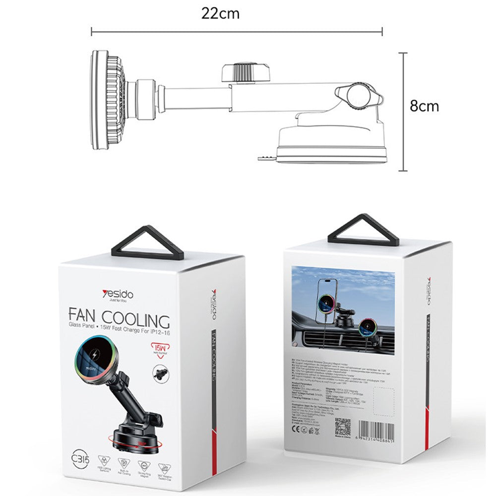 YESIDO C315 Car Wireless Charger – Suction Cup Mount, RGB Light, Cooling Fan
