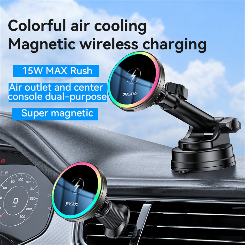 YESIDO C315 Car Wireless Charger – Suction Cup Mount, RGB Light, Cooling Fan