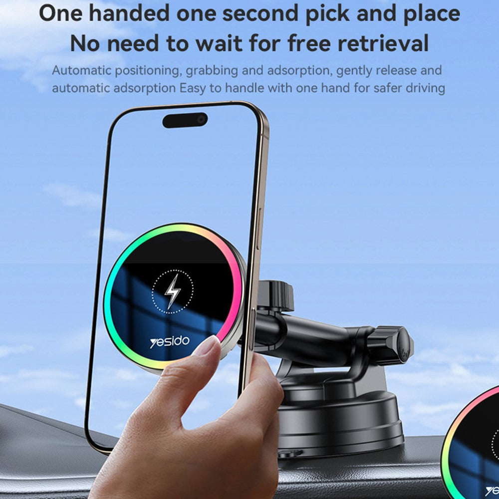 YESIDO C315 Car Wireless Charger – Suction Cup Mount, RGB Light, Cooling Fan