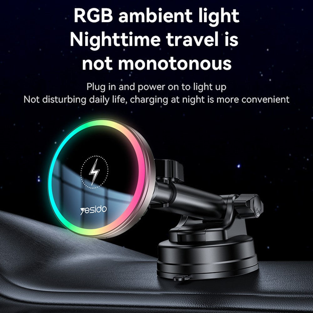 YESIDO C315 Car Wireless Charger – Suction Cup Mount, RGB Light, Cooling Fan