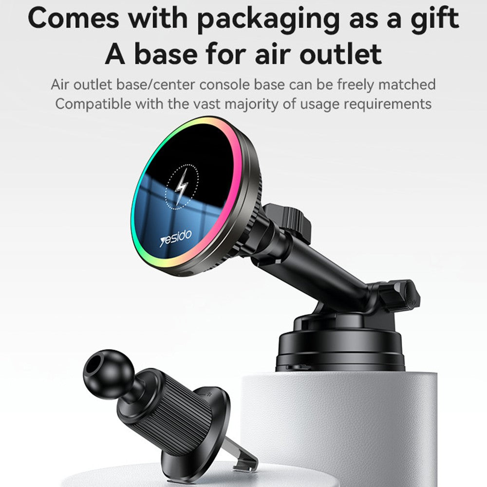 YESIDO C315 Car Wireless Charger – Suction Cup Mount, RGB Light, Cooling Fan