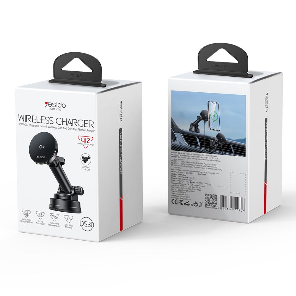 YESIDO DS30 2-in-1 Car Wireless Charger & Magnetic Phone Holder – Qi 2.0