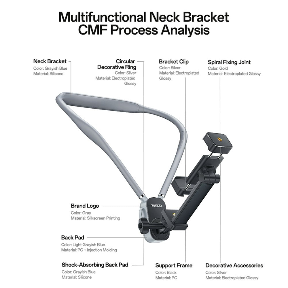 YESIDO C334 360 Degree Rotation Neck Phone Holder Stand Anti-shake Hands-free Neck-mounted Bracket