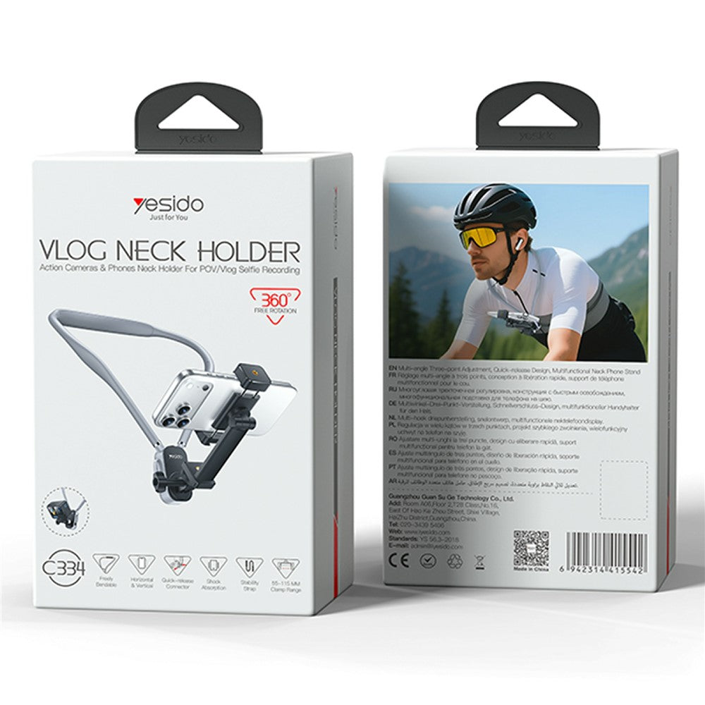 YESIDO C334 360 Degree Rotation Neck Phone Holder Stand Anti-shake Hands-free Neck-mounted Bracket