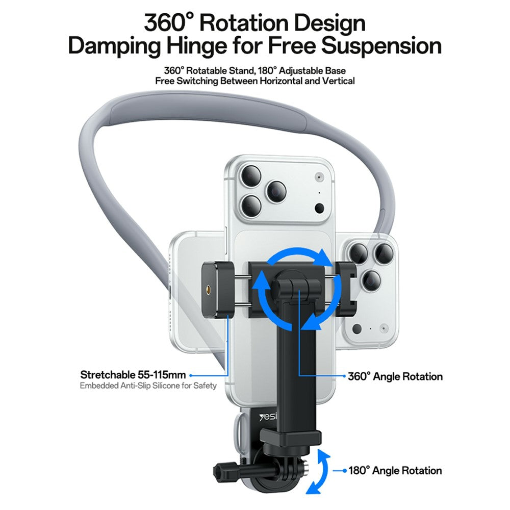 YESIDO C334 360 Degree Rotation Neck Phone Holder Stand Anti-shake Hands-free Neck-mounted Bracket