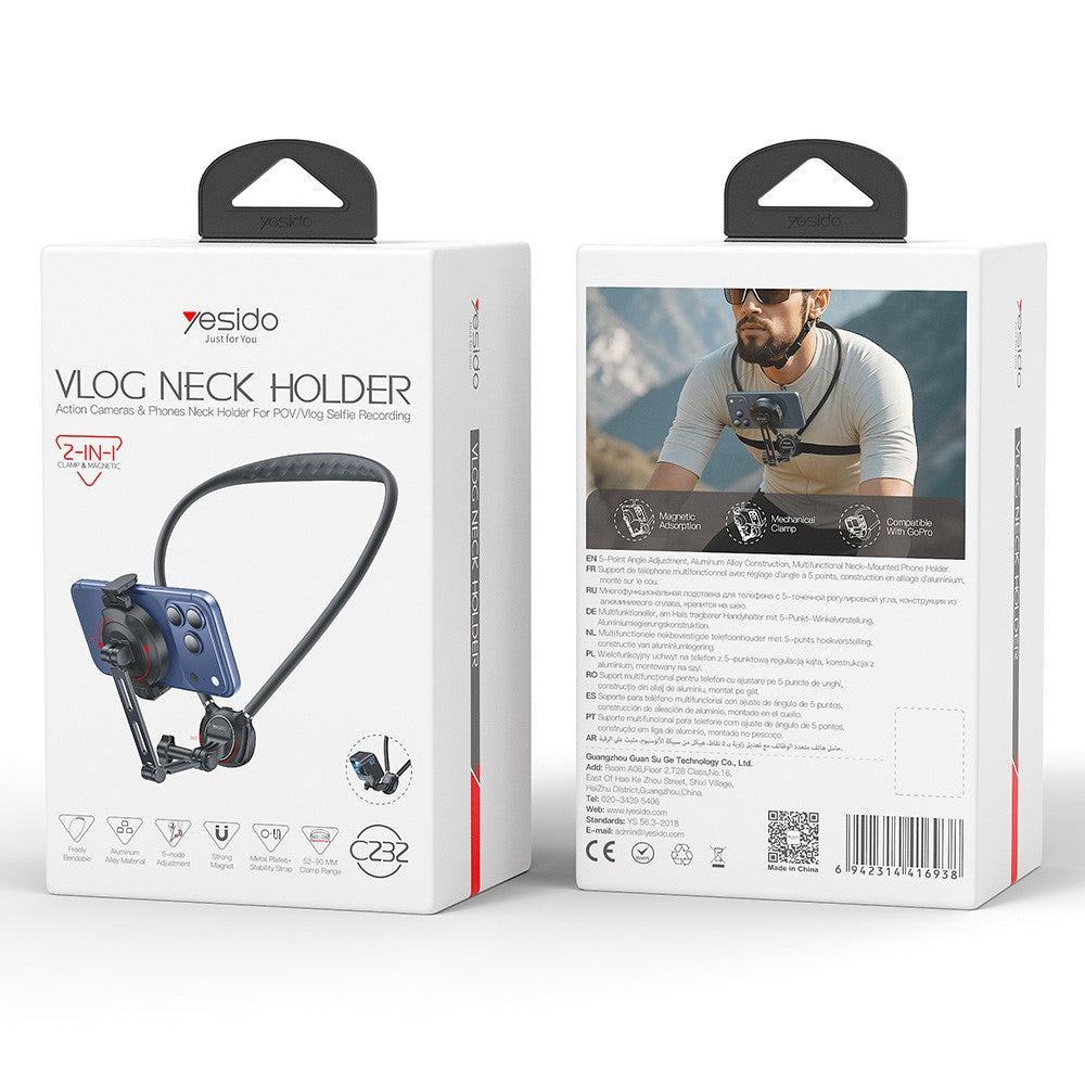 YESIDO C232 Magnetic Neck Phone Holder for iPhone / GoPro Action Camera Hands-free Mount Stand