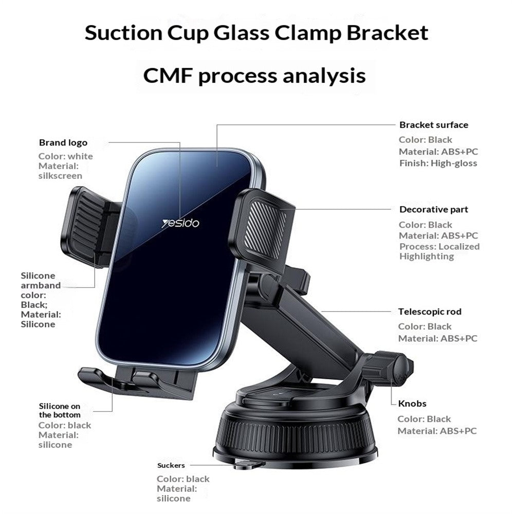 YESIDO C279 360° Rotating Car Phone Holder Suction Cup Mount Dashboard Windshield Stand Adjustable Bracket