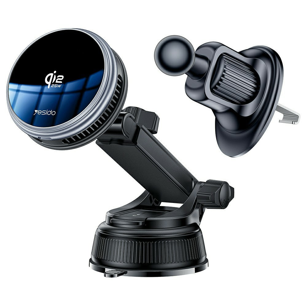 YESIDO C326 Qi2 25W Magnetic Wireless Car Charger Cooling Mount with Suction Cup and Air Vent Clip