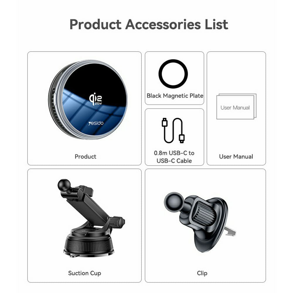 YESIDO C326 Qi2 25W Magnetic Wireless Car Charger Cooling Mount with Suction Cup and Air Vent Clip