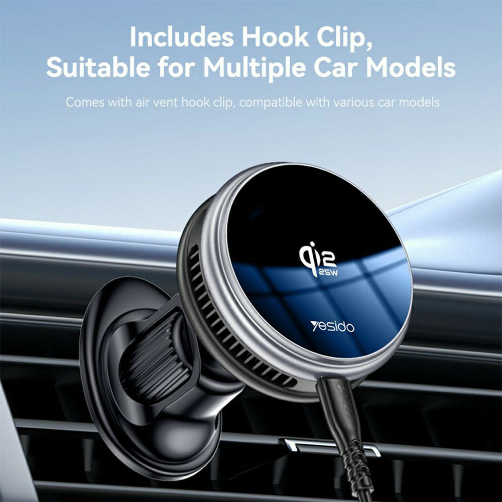 YESIDO C326 Qi2 25W Magnetic Wireless Car Charger Cooling Mount with Suction Cup and Air Vent Clip