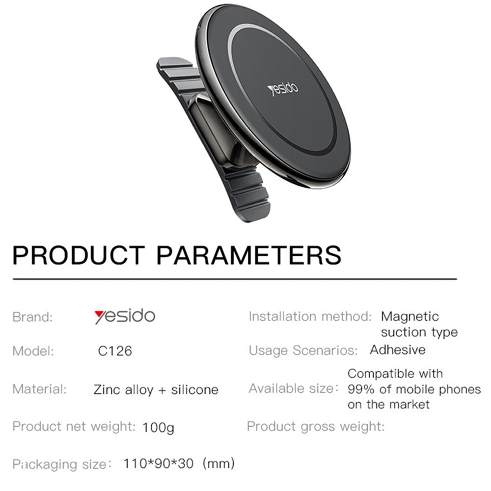 YESIDO C126 For iPhone 12 / 13 / 14 Zinc Alloy Car Magnetic Phone Holder 720 Degree Rotation Adhesive Bracket