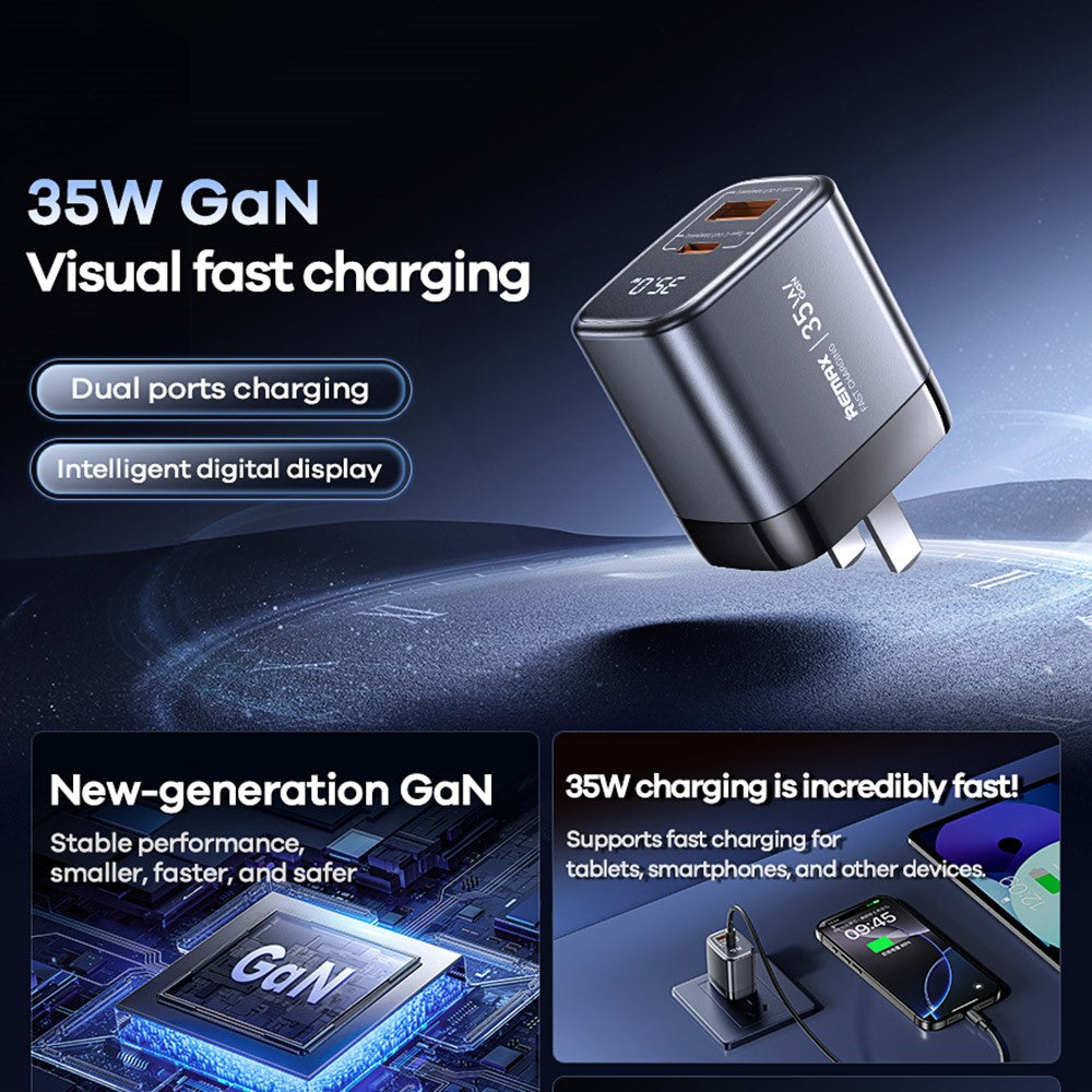 REMAX U2-AC35W GaN Digital Display Fast Charger Adapter 35W Type-C  /  30W USB-A Dual Port Adapter