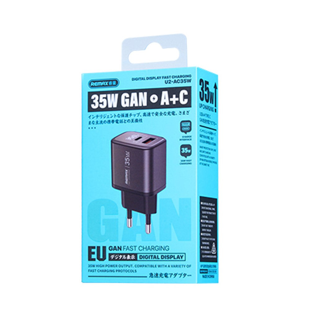REMAX U2-AC35W GaN Digital Display Fast Charger Adapter 35W Type-C  /  30W USB-A Dual Port Adapter