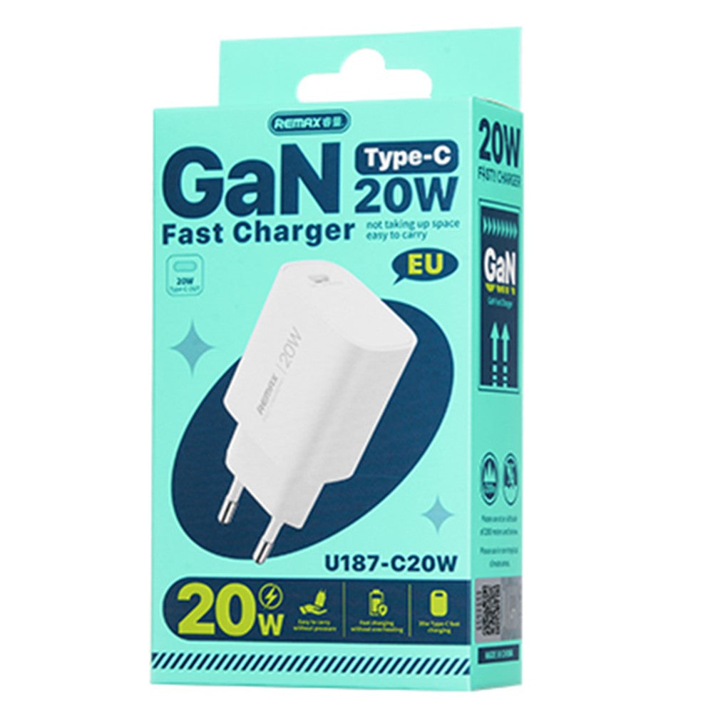 REMAX U187-C20W GaN Fast Charging Adapter Type-C PD 20W Compact Portable Charger