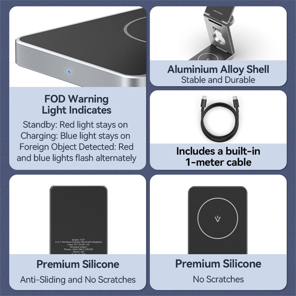 VENTION FGF Series 3-in-1 Magnetic Wireless Charging Stand – 15W Fast Charging