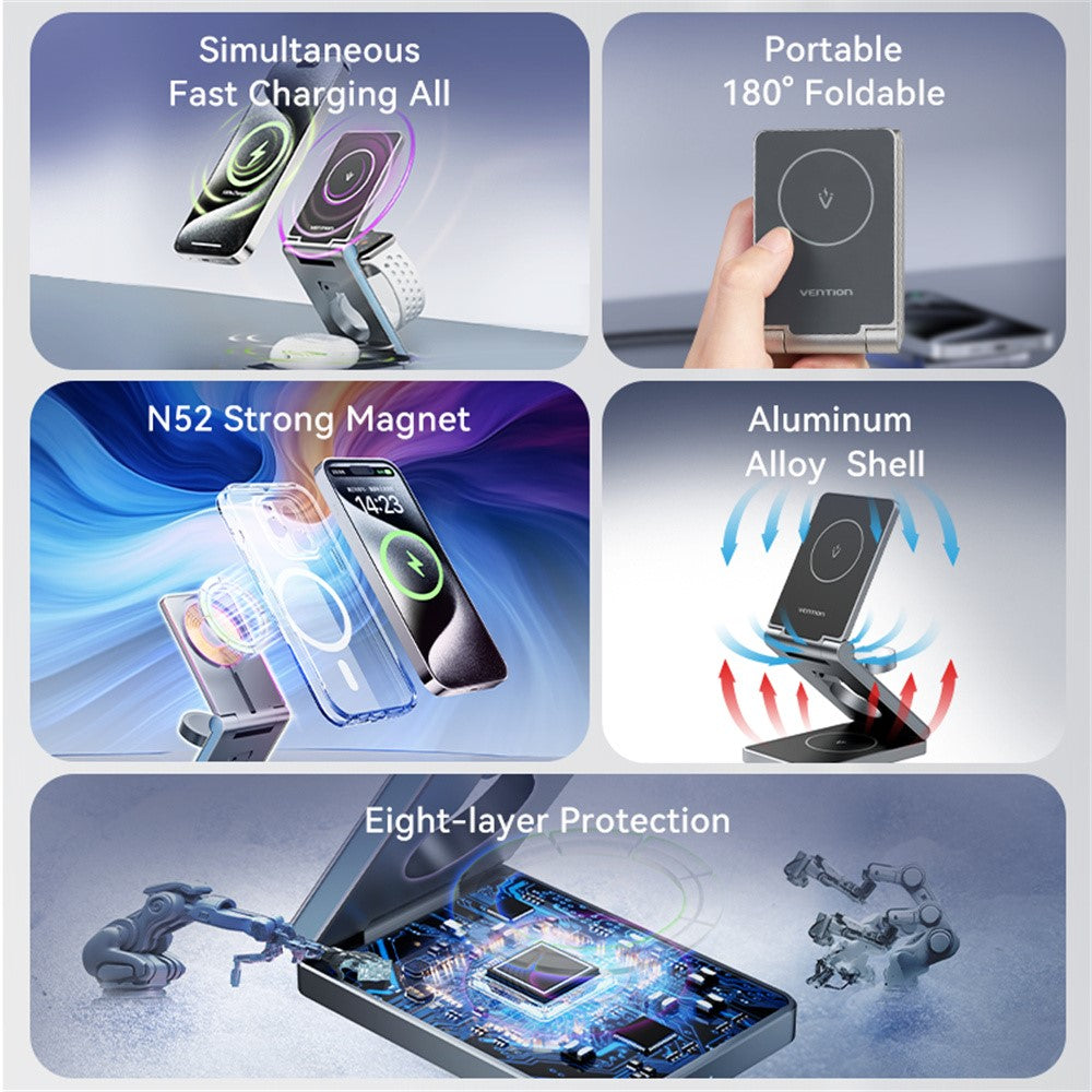 VENTION FGF Series 3-in-1 Magnetic Wireless Charging Stand – 15W Fast Charging