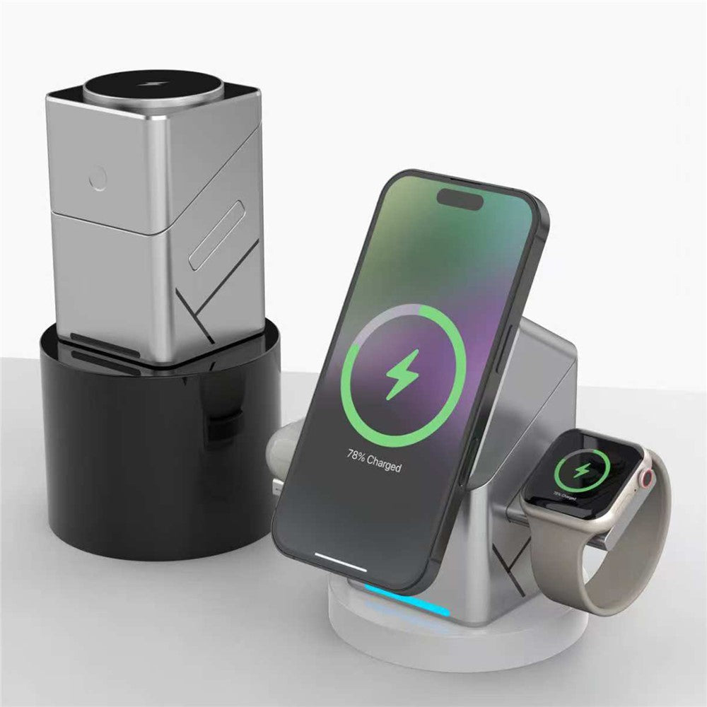 3-in-1 Magnetic Wireless Charger – Rotating Stand for Phone, Watch & Earbuds