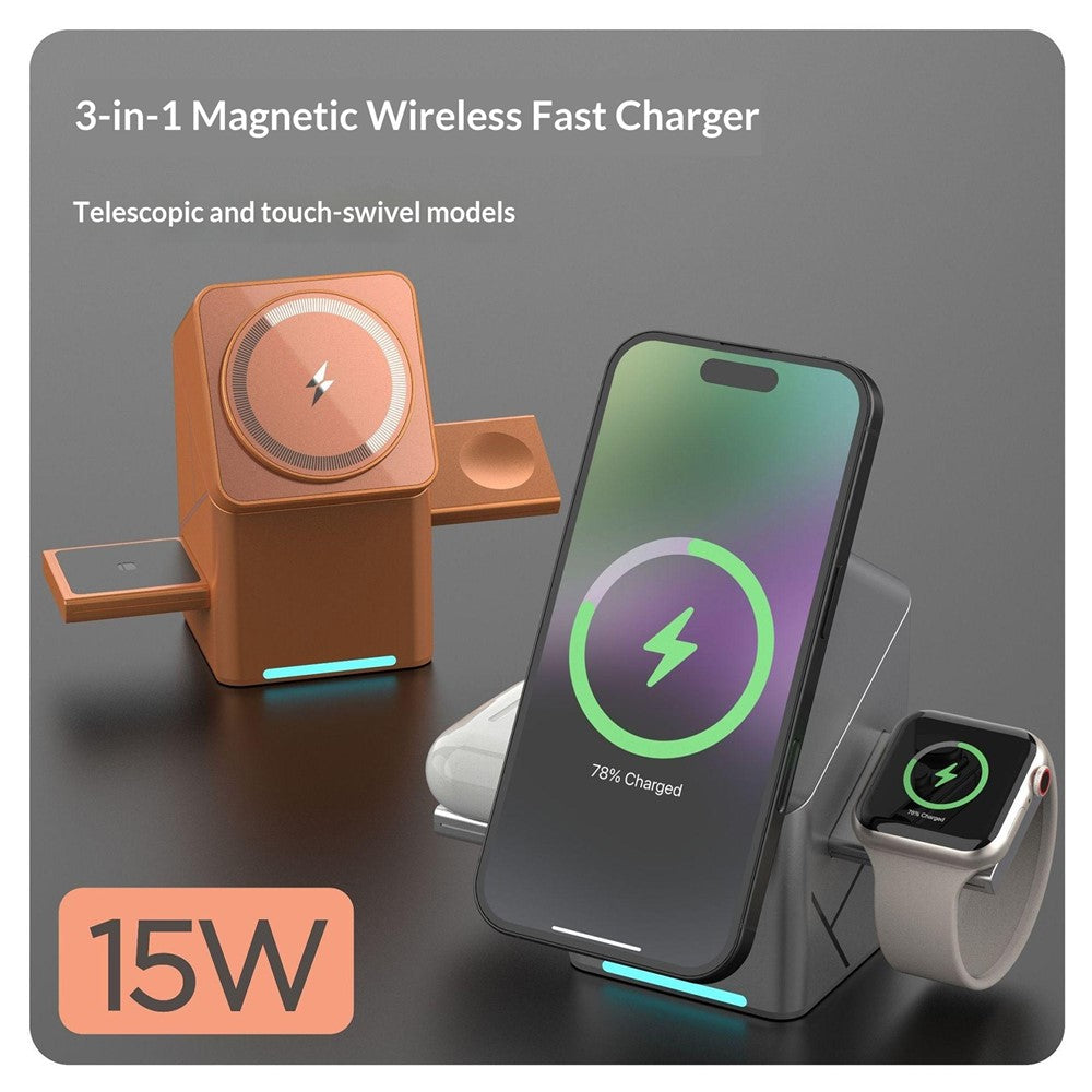 3-in-1 Magnetic Wireless Charger – Rotating Stand for Phone, Watch & Earbuds