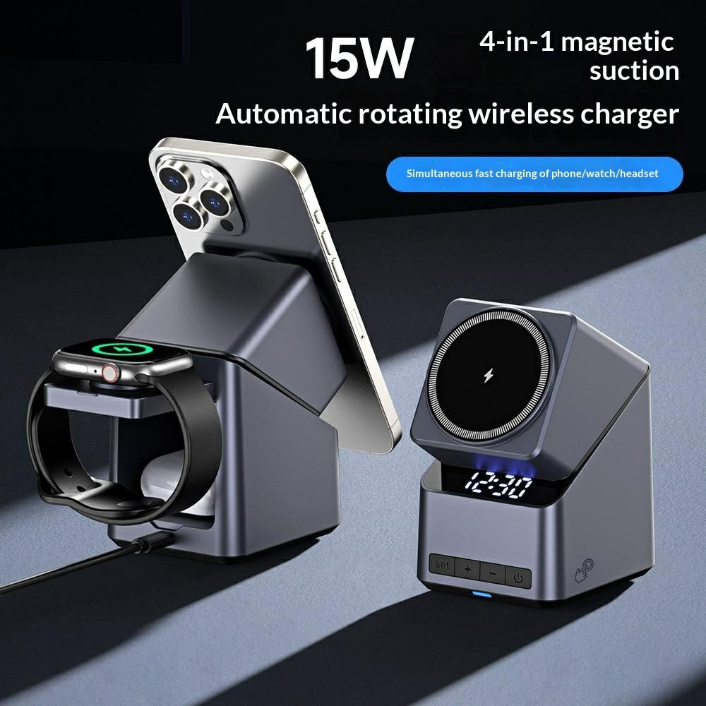 4-in-1 Qi2 Wireless Charger Stand – 180° Rotating, Built-in LED Clock