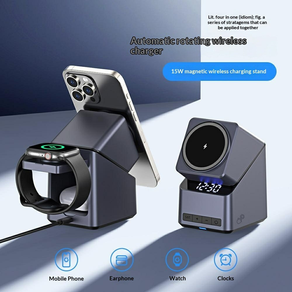 4-in-1 Qi2 Wireless Charger Stand – 180° Rotating, Built-in LED Clock