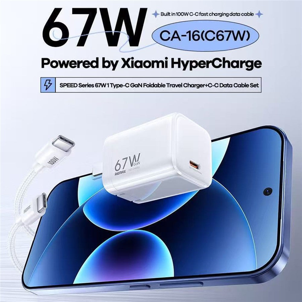 REMAX CA-16 67W GaN Foldable Travel Wall Charger Type-C Port PD Fast Charging Power Adapter with 100W USB-C Cable