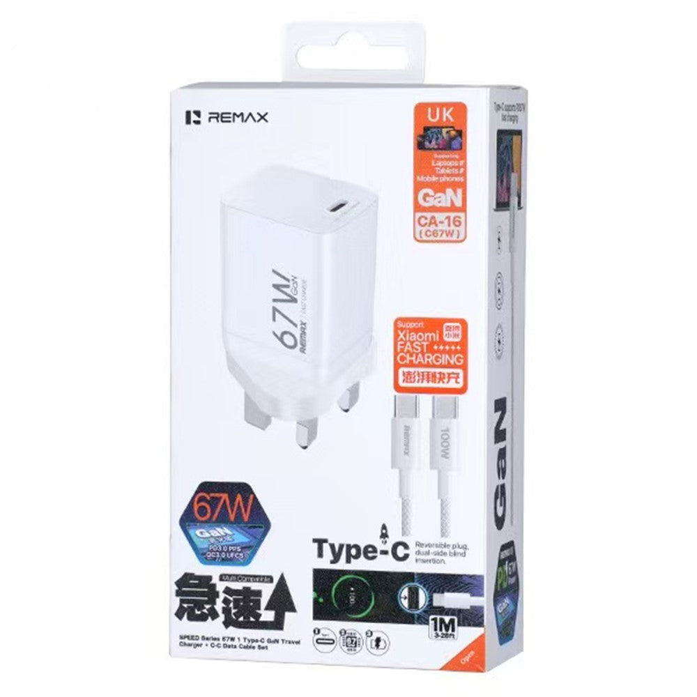 REMAX CA-16 67W GaN Foldable Travel Wall Charger Type-C Port PD Fast Charging Power Adapter with 100W USB-C Cable