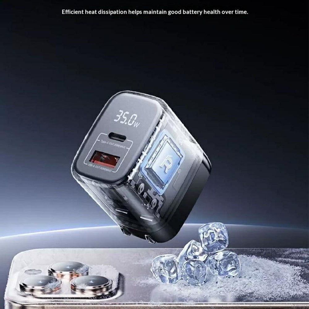 REMAX U2-AC35W GaN Digital Display Fast Charging Adapter 35W Type-C USB-A Charger, UK Plug