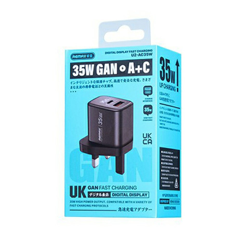 REMAX U2-AC35W GaN Digital Display Fast Charging Adapter 35W Type-C USB-A Charger, UK Plug