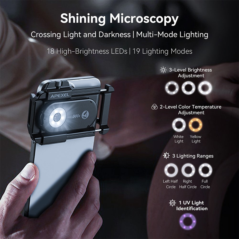 APEXEL APL-MS300 300X Microscope Phone Lens Attachments Clip-On Magnifier with Tri-Color LED Lighting