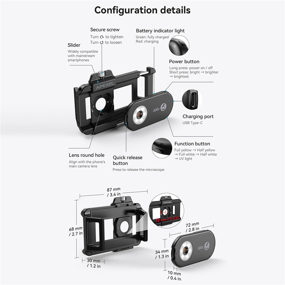 APEXEL APL-MS300 300X Microscope Phone Lens Attachments Clip-On Magnifier with Tri-Color LED Lighting