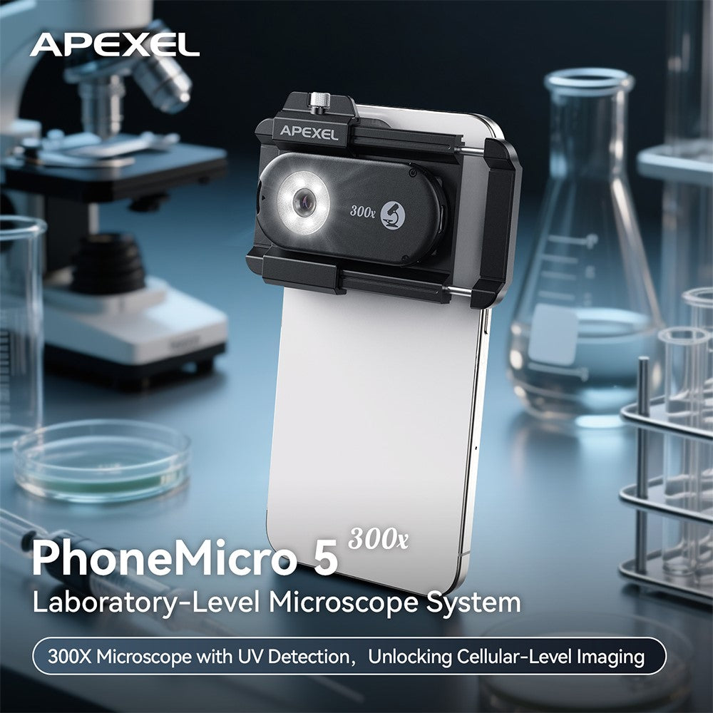 APEXEL APL-MS300 300X Microscope Phone Lens Attachments Clip-On Magnifier with Tri-Color LED Lighting