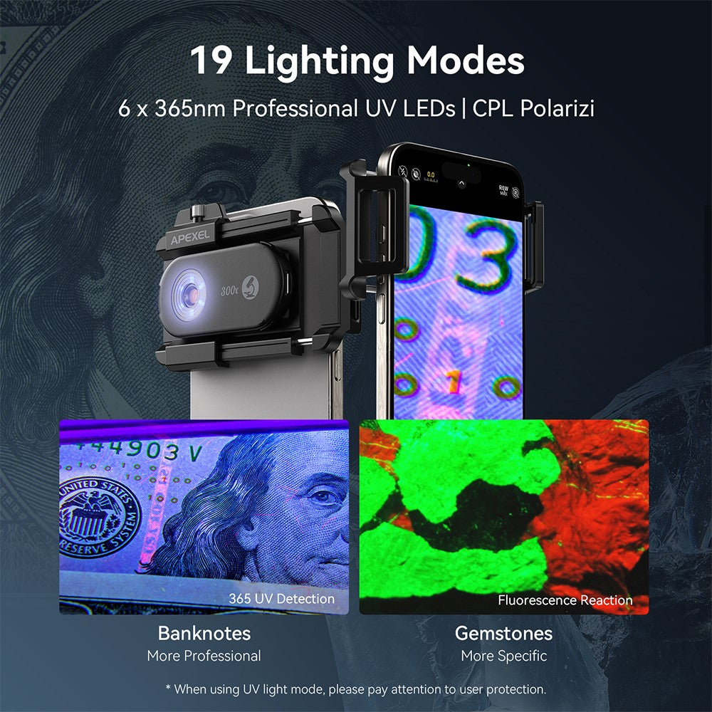 APEXEL APL-MS300 300X Microscope Phone Lens Attachments Clip-On Magnifier with Tri-Color LED Lighting
