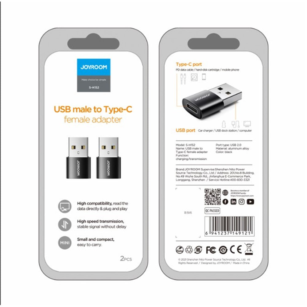2pcs JOYROOM S-H152 USB to Type C OTG Adapter USB Male to USB-C Female Converter for Laptop Mobile Phone