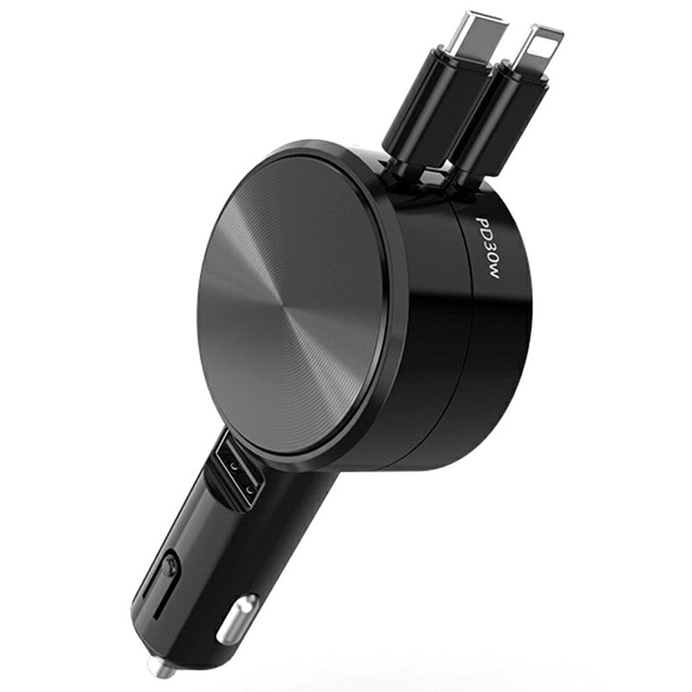 Dual-Cable Car Charger – Retractable Type-C & iP, 45W Fast Charging (CD Veins Design)
