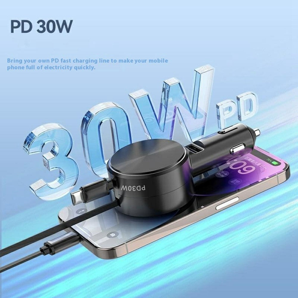 Dual-Cable Car Charger – Retractable Type-C & iP, 45W Fast Charging (CD Veins Design)