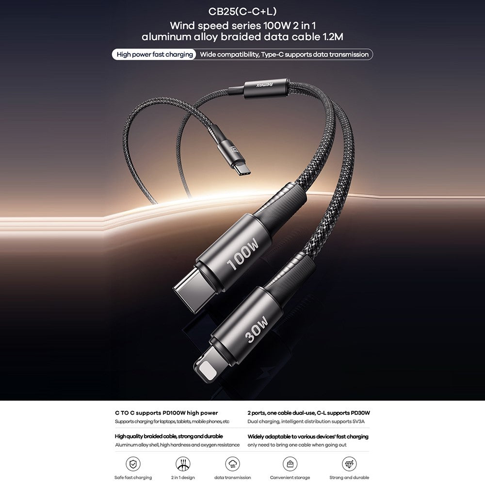 REMAX CB25 100W Dual Port Aluminum Alloy Braided Cable USB-C to USB-C  /  Lightning 1.2M
