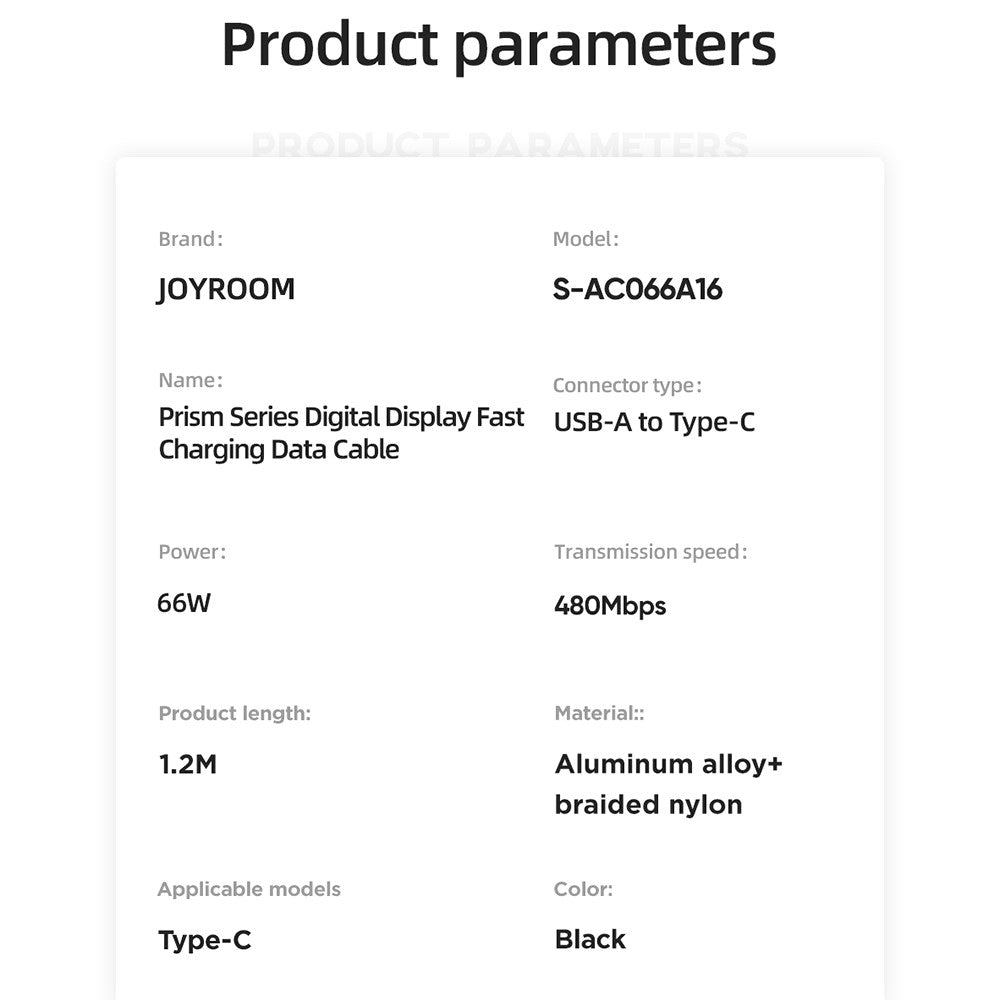 JOYROOM S-AC066A16 1.2m Prism Series for iPhone 15 Series Digital Display 66W Fast Charging USB-A to Type-C Data Cable