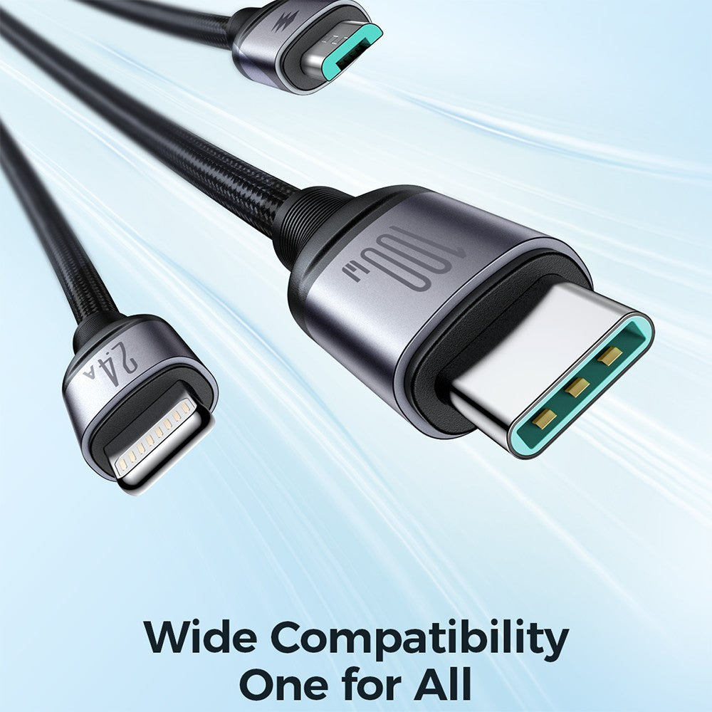 JOYROOM SA21-1T3 Speedy Series for iPhone 15 Series 1.2m 3-in-1 Charging Cable 100W Nylon Braided USB-A to iP+Type-C+Micro Fast Charging Cord