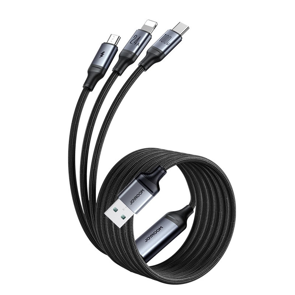 JOYROOM SA21-1T3 Speedy Series for iPhone 15 Series 1.2m 3-in-1 Charging Cable 100W Nylon Braided USB-A to iP+Type-C+Micro Fast Charging Cord