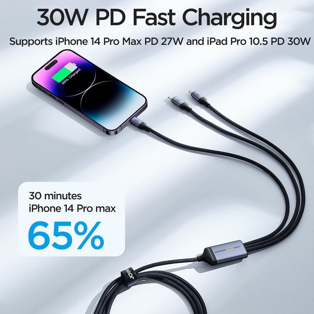 JOYROOM SA21-2T3 Speedy Series for iPhone 15 Series 1.5m Multi Fast Charging Cable 100W USB-A+Type-C to iP+Type-C+Micro Nylon Braided Charging Cord