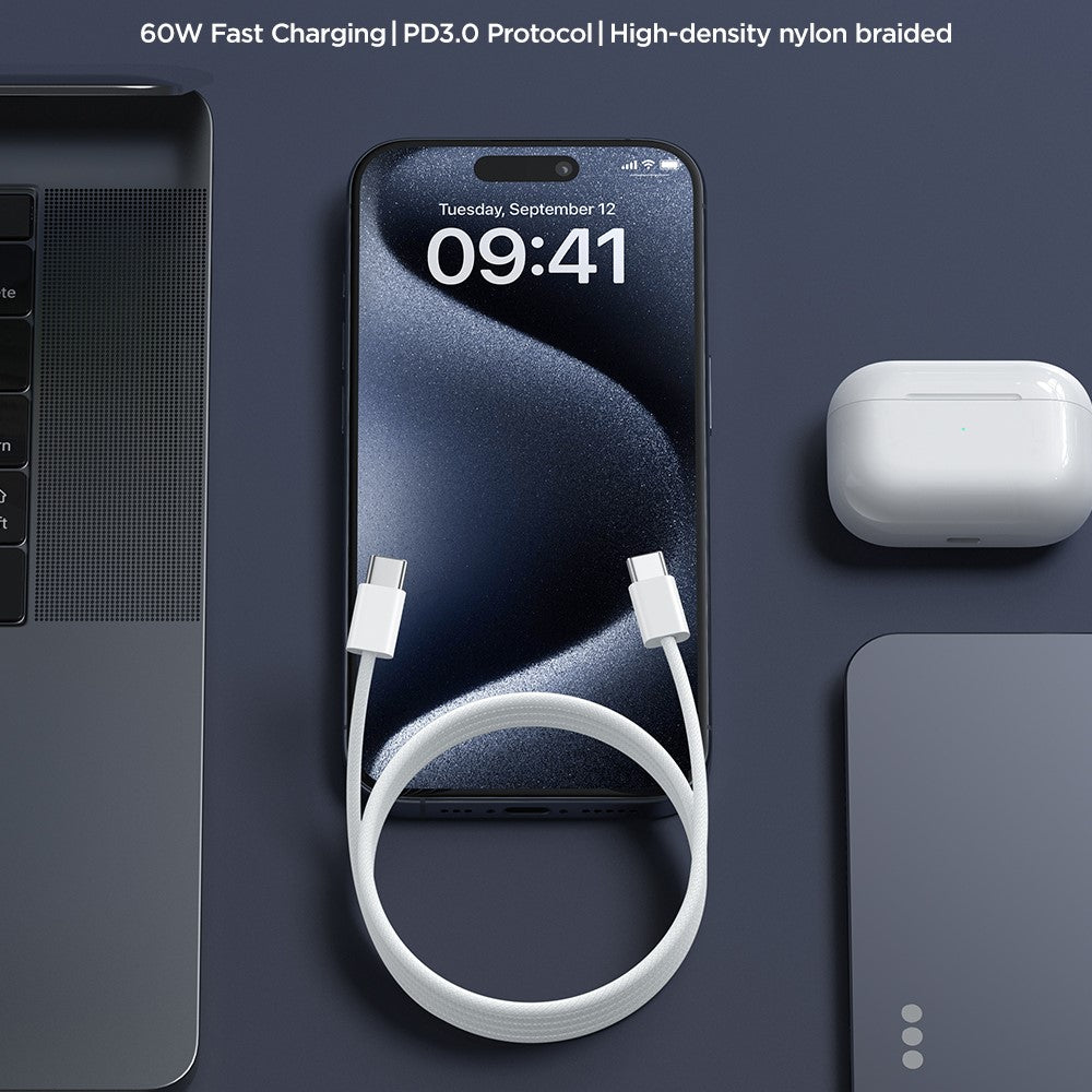 JOYROOM S-A45 Ben Series Braided Fast Charging Data Cable 1m Type-C to Type-C 60W Charging Cord for iPhone 16-15 Series , White