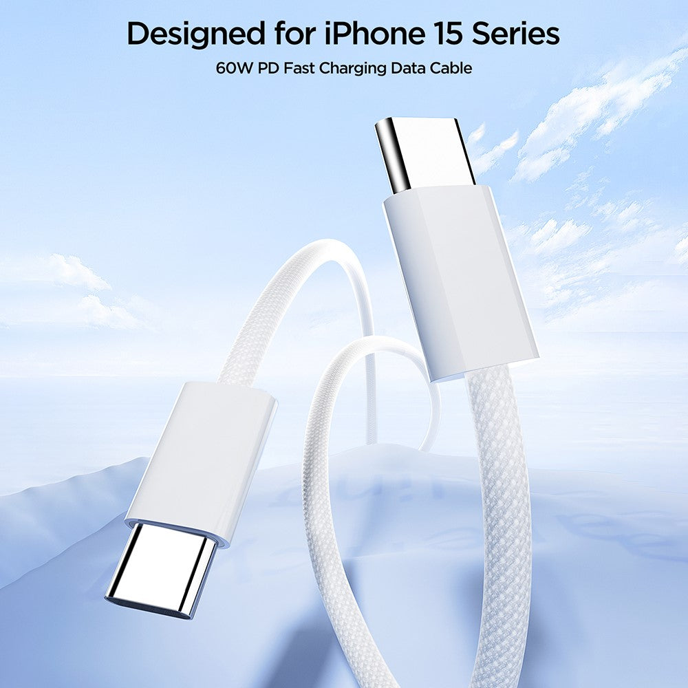 JOYROOM S-A45 Ben Series Braided Fast Charging Data Cable 1m Type-C to Type-C 60W Charging Cord for iPhone 16-15 Series , White