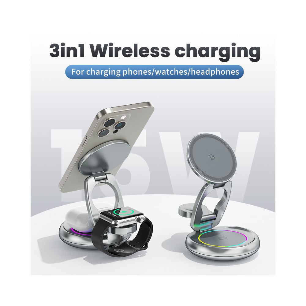 3-in-1 MagSafe Wireless Charging Stand – Zinc Alloy Build, Dynamic LED