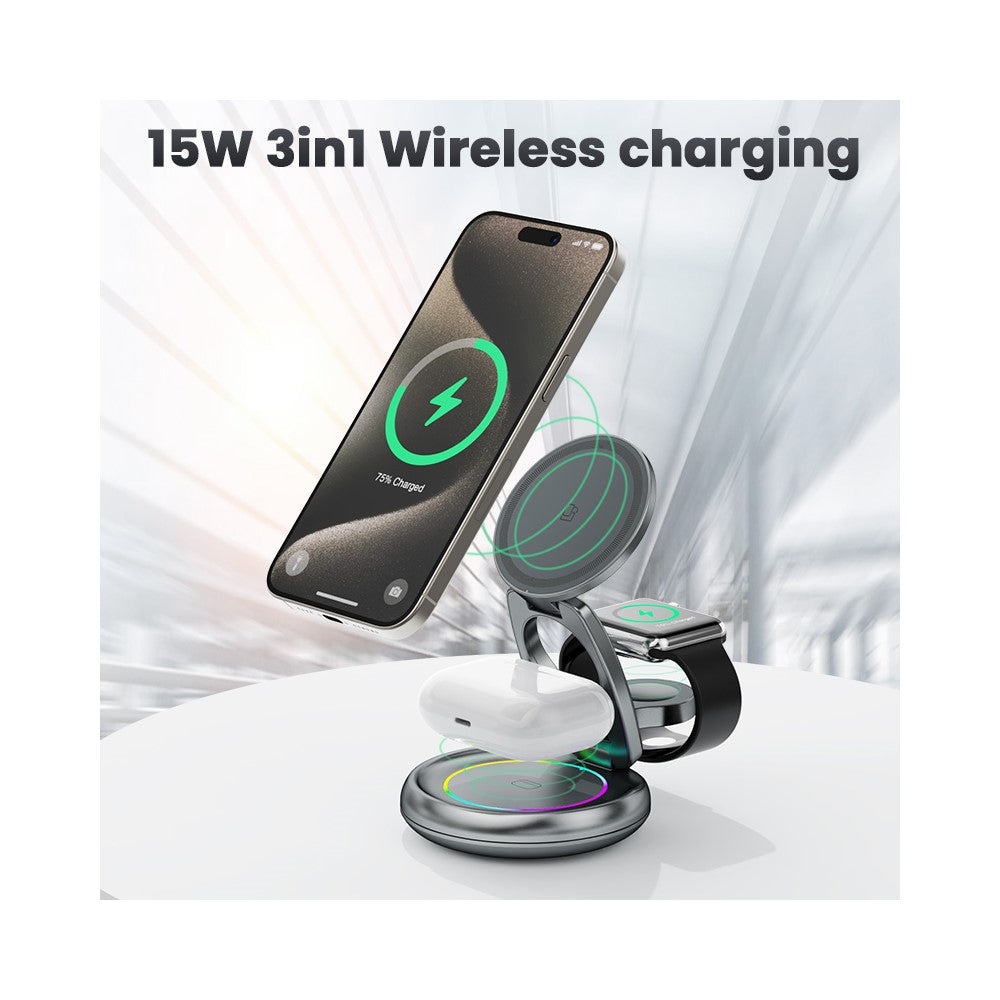 3-in-1 MagSafe Wireless Charging Stand – Zinc Alloy Build, Dynamic LED