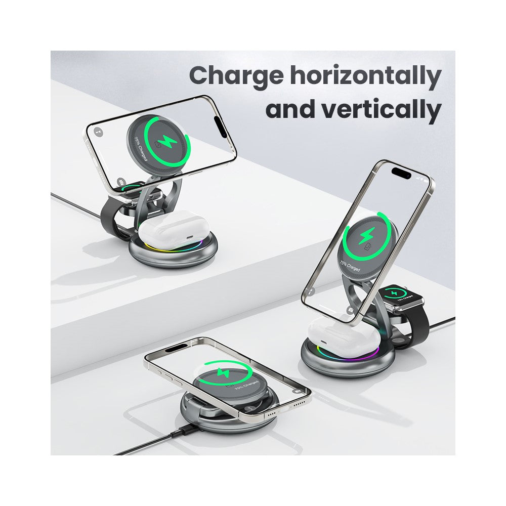 3-in-1 MagSafe Wireless Charging Stand – Zinc Alloy Build, Dynamic LED