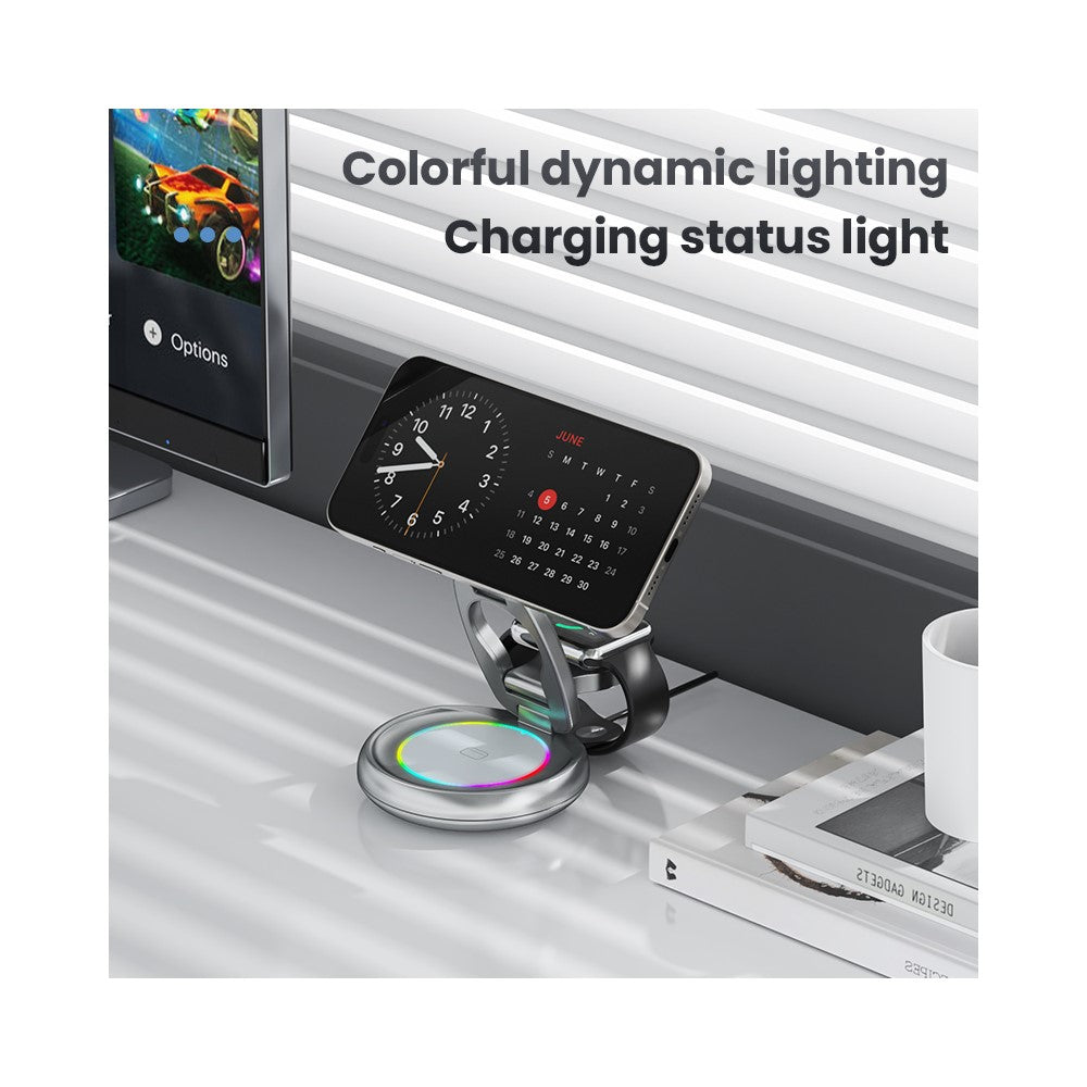3-in-1 MagSafe Wireless Charging Stand – Zinc Alloy Build, Dynamic LED