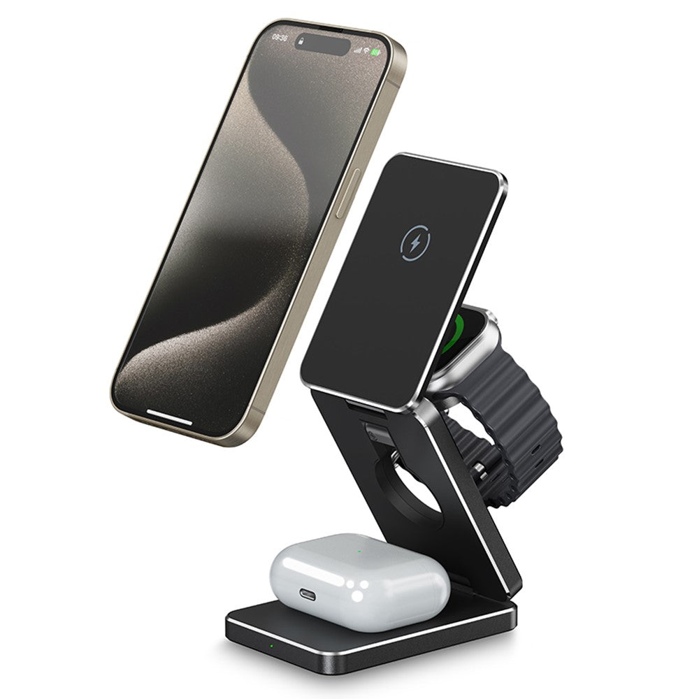 3-in-1 Foldable Aluminum Alloy Wireless Charging Stand – Sleek Premium Finish